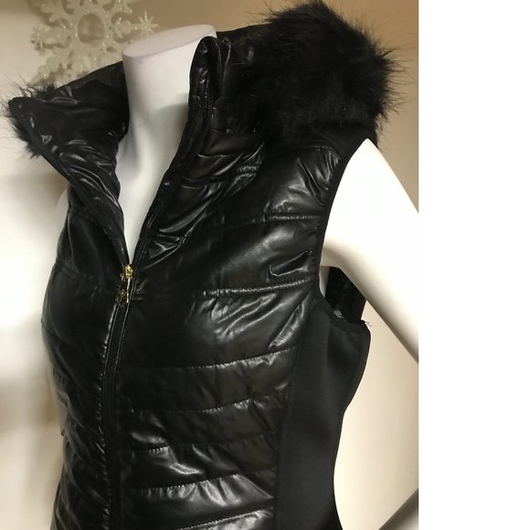 NWT Nanette Lepore Black Puffer Coat Jacket Vest Hooded Fall Winter Faux fur - Picture 3 of 10